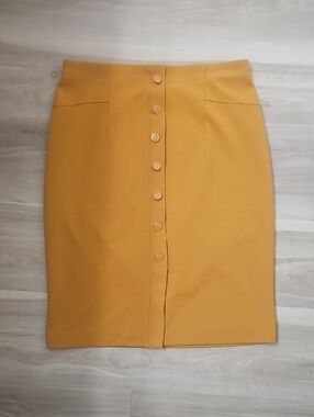Button-Front Mustard Pencil Skirt